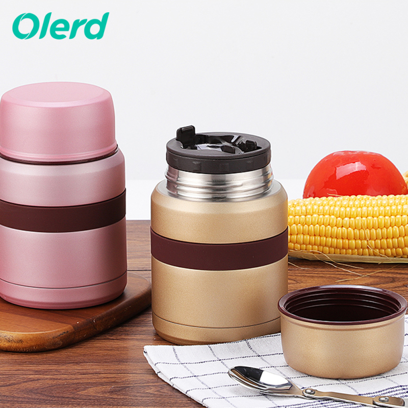 OLERD Food Grade Double Wall Stainless Steel Insulated Food Jar Thermos Lunch Container with Folding Spoon and Cloth Bag