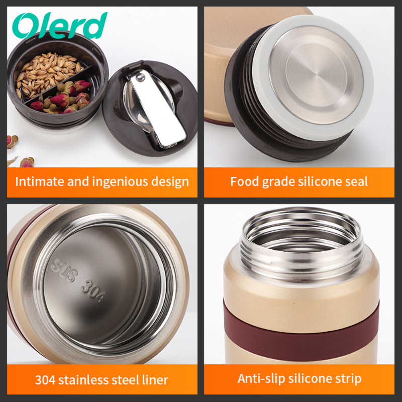 OLERD Food Grade Double Wall Stainless Steel Insulated Food Jar Thermos Lunch Container with Folding Spoon and Cloth Bag