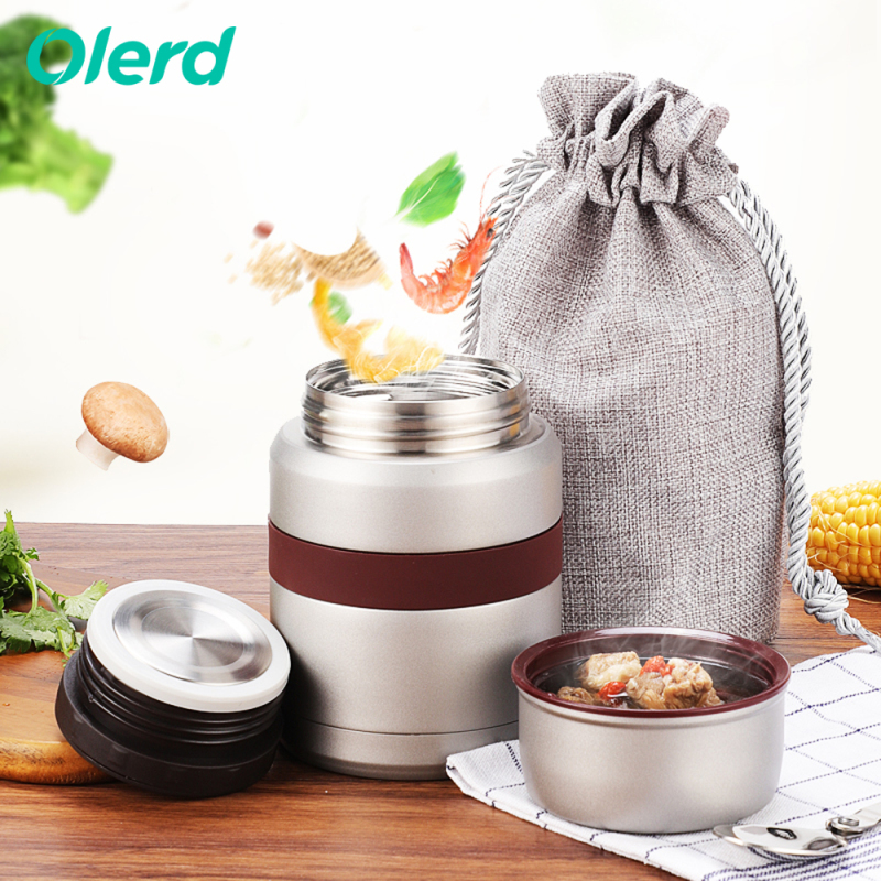 OLERD Food Grade Double Wall Stainless Steel Insulated Food Jar Thermos Lunch Container with Folding Spoon and Cloth Bag