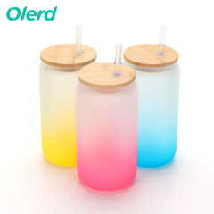 Hot Sale Stocked 12oz 16oz Frosted clear Sublimation Beer Can Shaped Glass Tumbler Cups Bottle with Bamboo Lid Straw