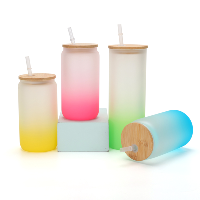 Hot Sale Stocked 12oz 16oz Frosted clear Sublimation Beer Can Shaped Glass Tumbler Cups Bottle with Bamboo Lid Straw