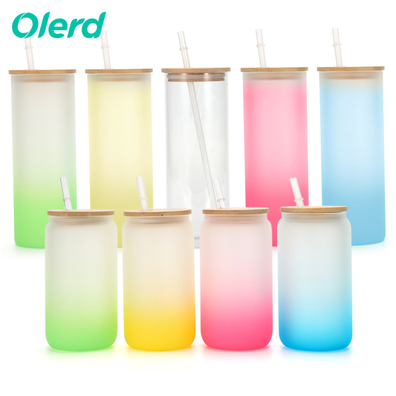 Hot Sale Stocked 12oz 16oz Frosted clear Sublimation Beer Can Shaped Glass Tumbler Cups Bottle with Bamboo Lid Straw