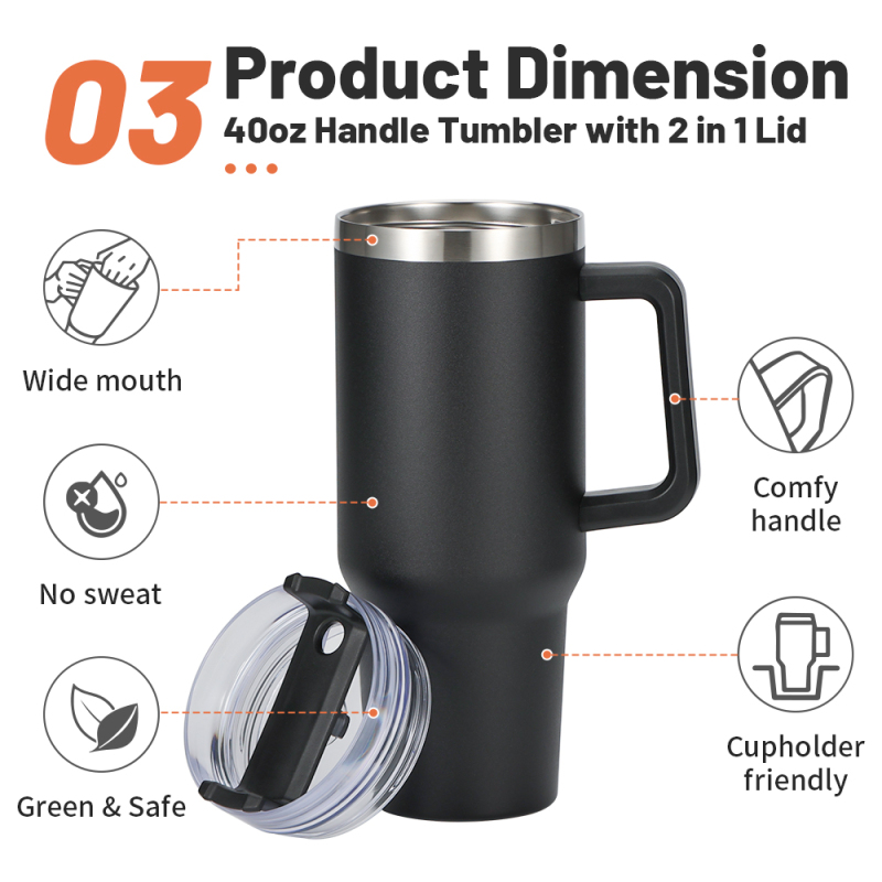Wholesale 40oz Travel Tumbler with Handle Single Layer Stainless Steel Customizable Print Sport Portable Mug with Straw Camping