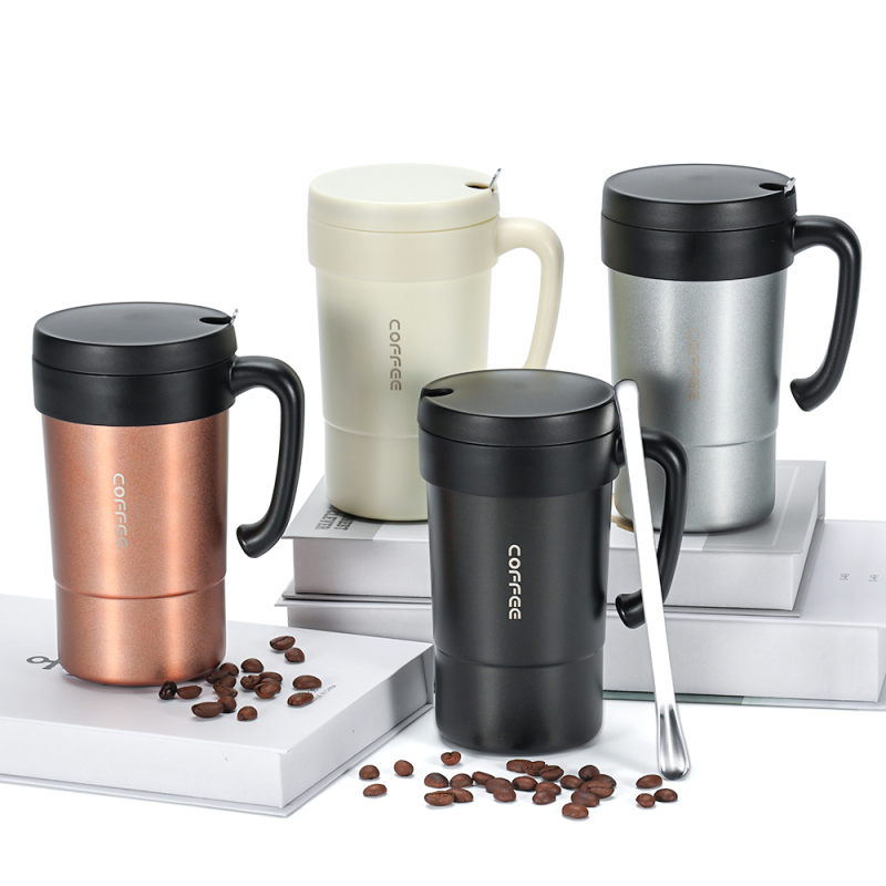 Wholesale Vacuum Insulation Double Wall Stainless Steel Travel Coffee Mug with Handle and SS304 Spoon for Office