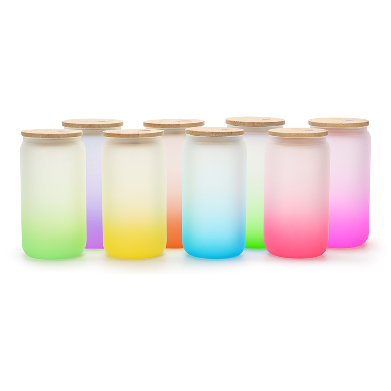 New Design Gradient Color Portable Glass Water Bottle With Bamboo Lid