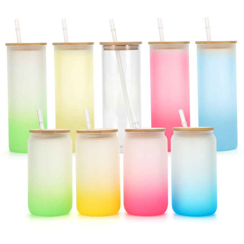 New Design Gradient Color Portable Glass Water Bottle With Bamboo Lid