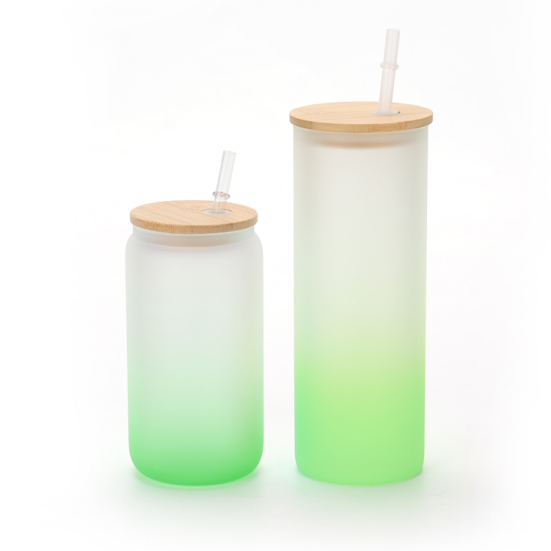 New Design Gradient Color Portable Glass Water Bottle With Bamboo Lid