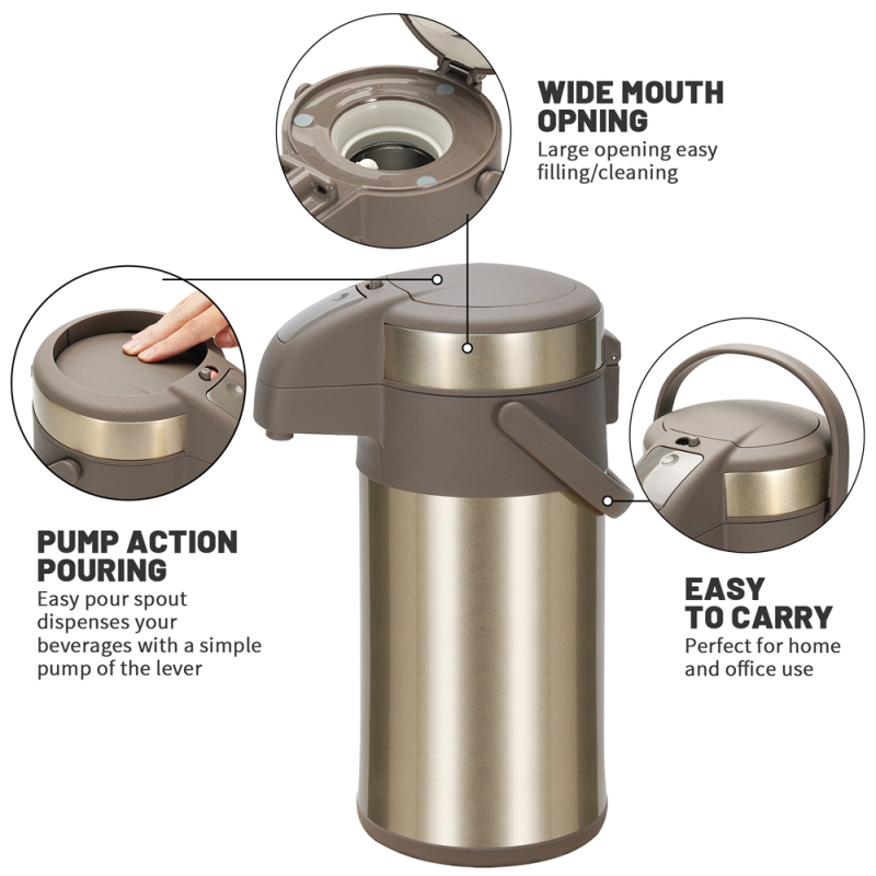 Large Capacity 3L 4L Double Wall Vacuum Insulated Stainless Steel 316 Air Pressure Pot Flask Keep Hot Cold Drinks with Handle