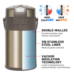 Large Capacity 3L 4L Double Wall Vacuum Insulated Stainless Steel 316 Air Pressure Pot Flask Keep Hot Cold Drinks with Handle