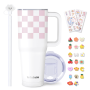 40 oz Tumbler with Handle and Straw, D.I.Y Gift for Her, Stainless Steel Travel Mug, Iced Tea or Coffee, Insulated Tumbler with Stickers, Keeps Beverages Cold Up to 24 Hours