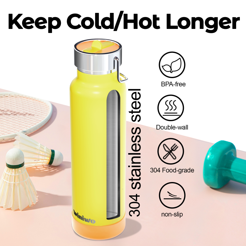 24 oz Insulated Slim Water Bottle with Flip Straw and Handle, Stainless Steel Water Bottles, Fits Car CupHolder, 100% Leak Proof, Keeps Drink Cold Up to 24 Hours, Sports/Gift (Power Yellow)