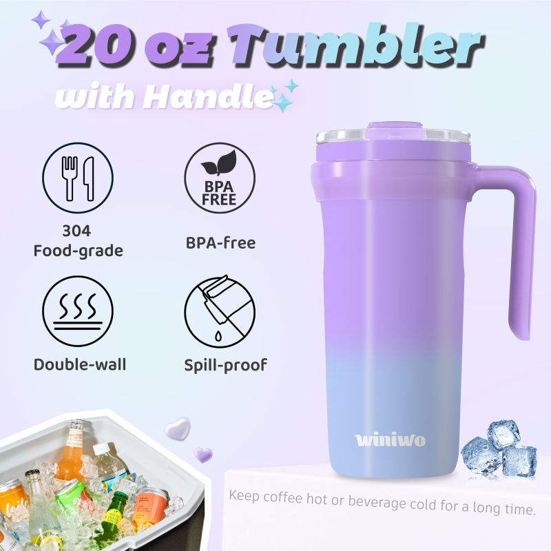 20 oz Tumbler with Handle, Easy to Hold, Travel Coffee Mug with Screw Lid, Spill-proof, Insulated Cups, Built-in Up Down Flip, Fit Most Car Cup Holders, Commute, School, Home, Office
