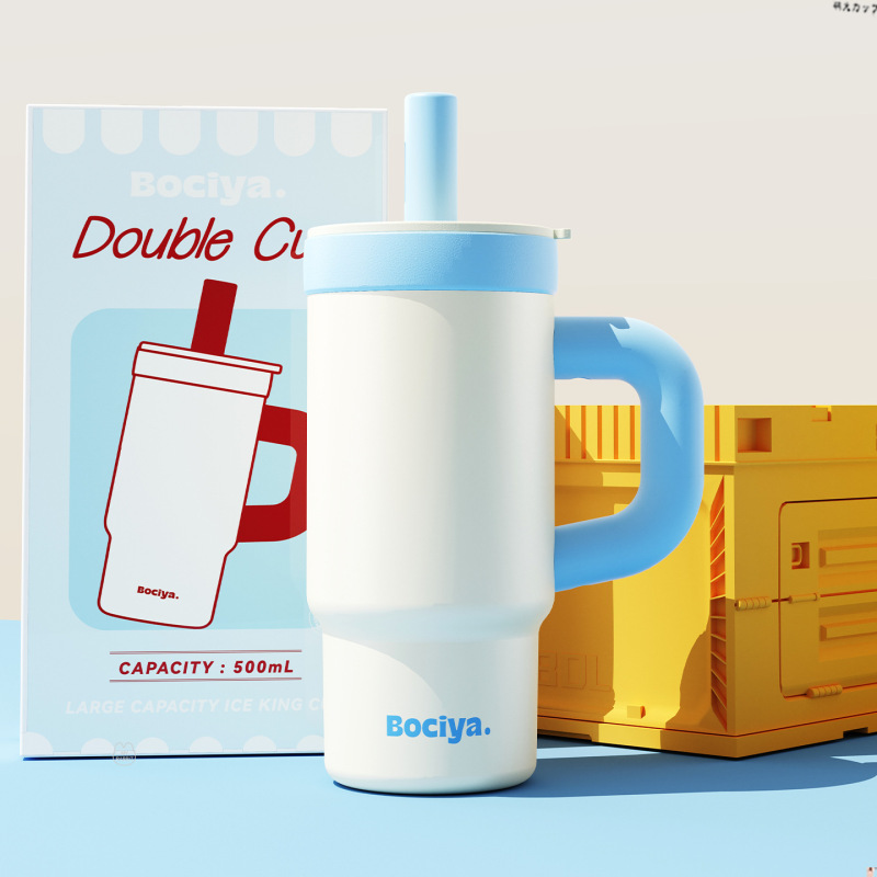 Wholesale Water Cup High-Appearance Girls' Ice Cup with Glass Liner Handle Vacuum Straw for Travel Drinks Stay Cold