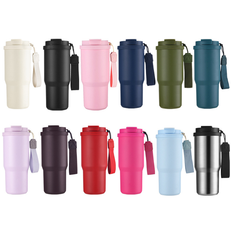 Wholesale 25oz/750ml Custom logo Insulated Travel Mug Double Wall Stainless Steel Portable Coffee Cups With Rope & 2 in 1 Lid