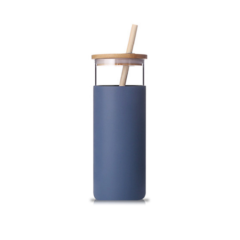Stock 480ml  600ml Custom Bamboo Lid Silicone Sleeve Glass Cup Water Drinking Bottle with Straw