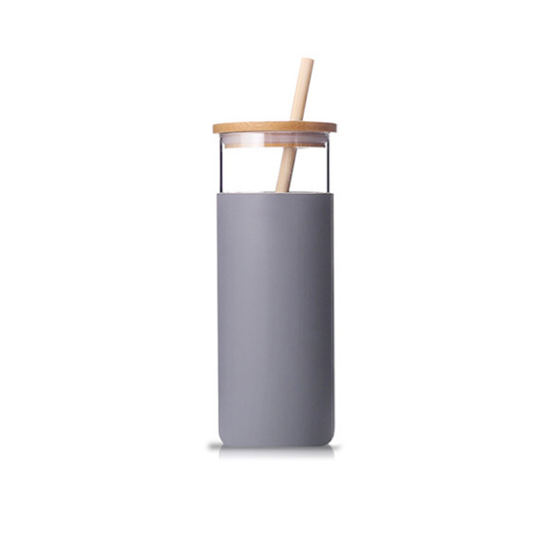 Stock 480ml 600ml Custom Bamboo Lid Silicone Sleeve Glass Cup Water Drinking Bottle with Straw