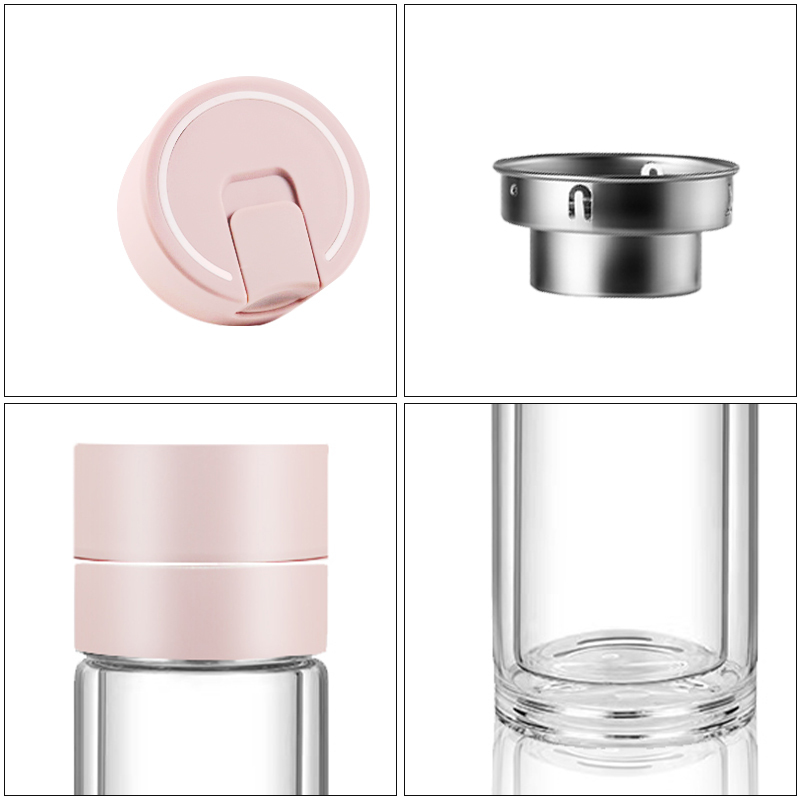 Wholesale Lid Double Wall Vacuum 280ml 380ml Glass Tea Bottle with Stainless Steel Tea Infuser