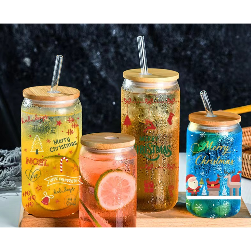 Custom Design Glass Water Cup with Bamboo Lid Coffee Cup Straw Juice Drinking Cup Beer Mug for Promotion Gift