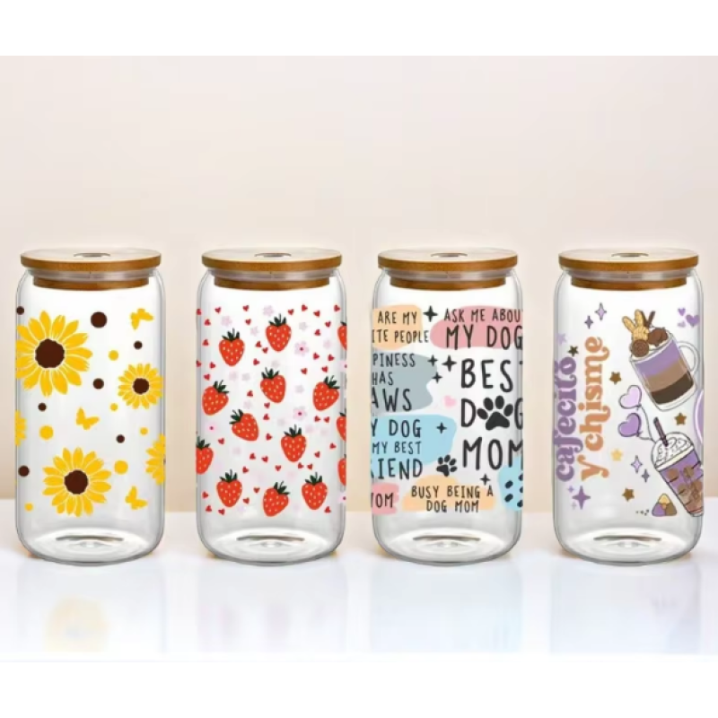 Custom Design Glass Water Cup with Bamboo Lid Coffee Cup Straw Juice Drinking Cup Beer Mug for Promotion Gift