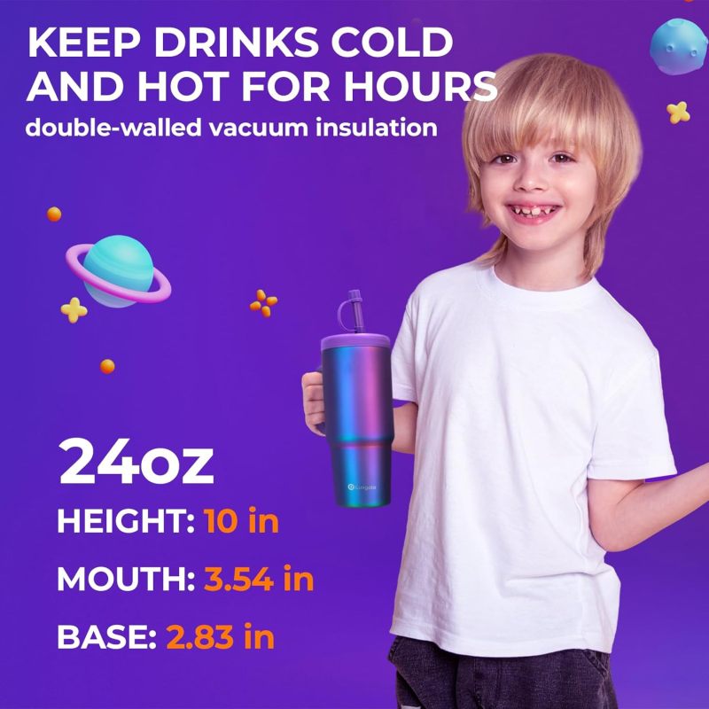 24 oz Leak-Proof Insulated Stainless Steel Water Tumbler Kids Modern Ceramic Cup Removable Silicone Straw Screw-On Lid Cups
