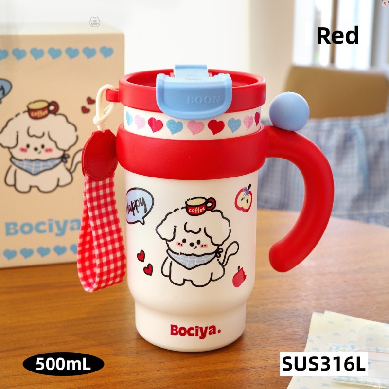 Bociya Cute Stainless Steel Water Cup New Handle Office Desktop Ice Cup Cartoon Design Hot Thermal Insulation for Women's Travel
