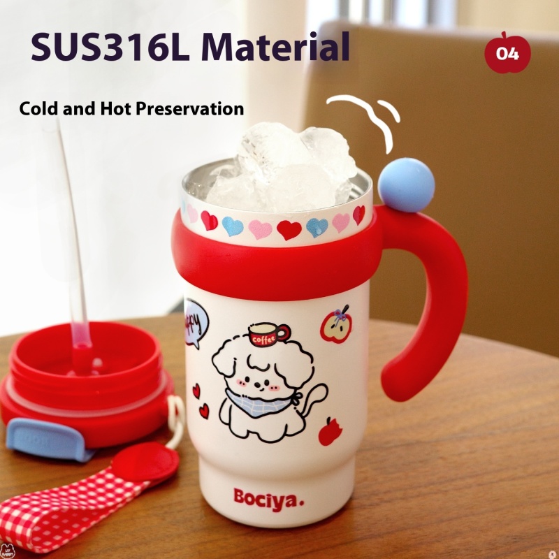 Bociya Cute Stainless Steel Water Cup New Handle Office Desktop Ice Cup Cartoon Design Hot Thermal Insulation for Women's Travel