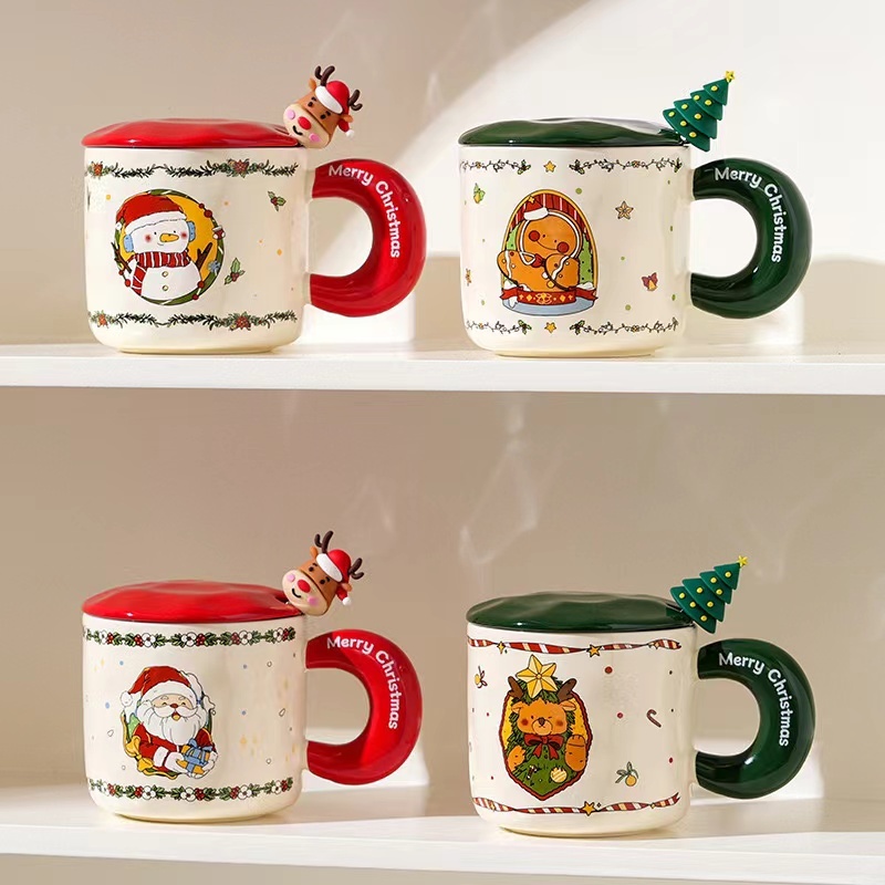 Modern Design Christmas Mug Ceramic 2025 New Mug with Lid and Spoon Santa Mug Christmas Gift