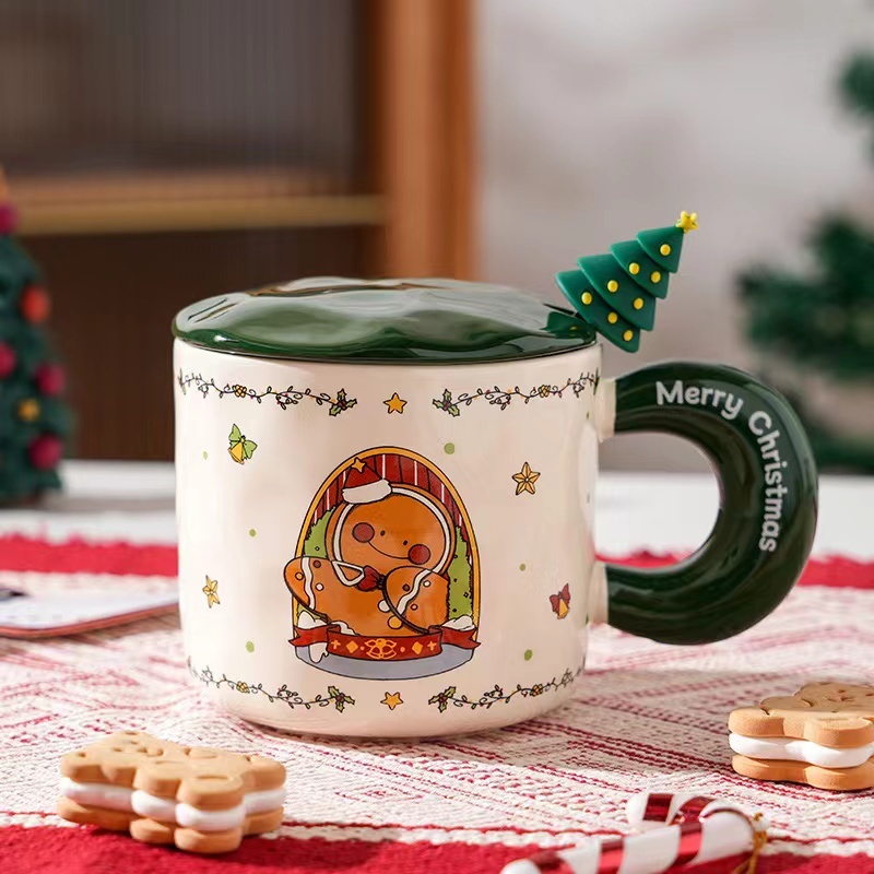 Modern Design Christmas Mug Ceramic 2025 New Mug with Lid and Spoon Santa Mug Christmas Gift