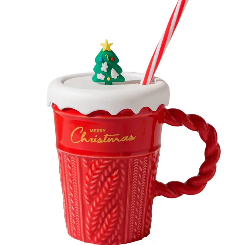 2025 Style Christmas Mug Water Cup With Lid and Straw Ceramic Coffee Cup New Design Office Home Drinking Mug Children's Gift