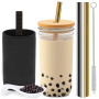 Glass Tumbler Reusable Boba Tea Cups With Lid and Straw, Travel Mug High Borosilicate Wide Mouth Glass Mason Jar with Bamboo Lid