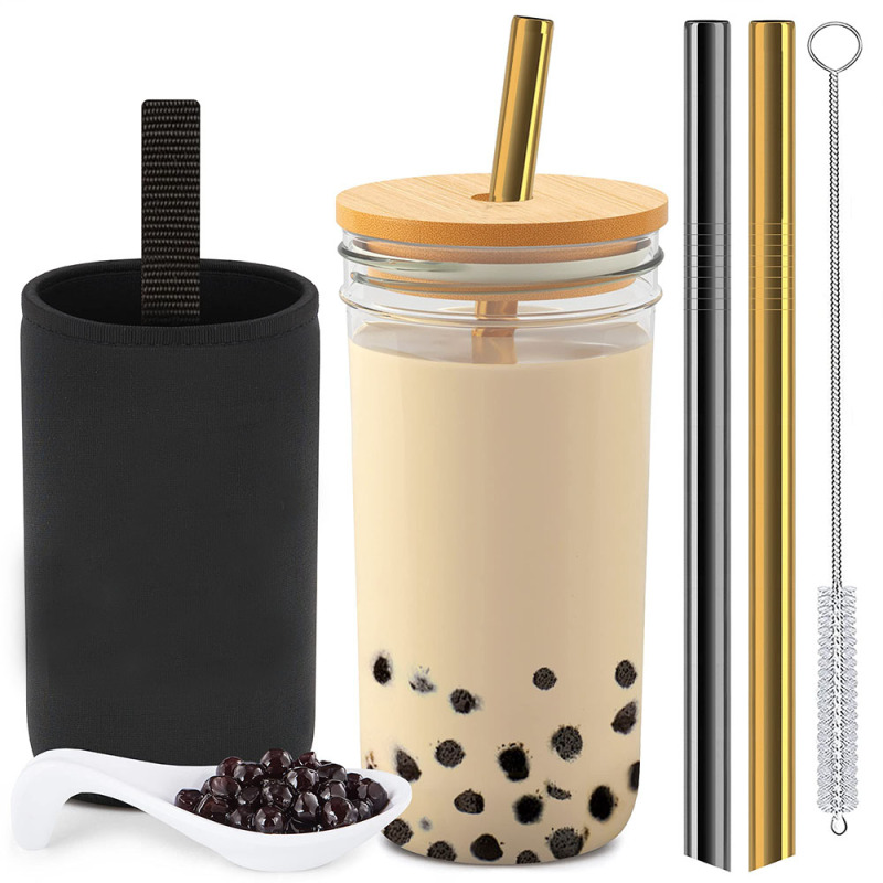 Glass Tumbler Reusable Boba Tea Cups With Lid and Straw, Travel Mug High Borosilicate Wide Mouth Glass Mason Jar with Bamboo Lid