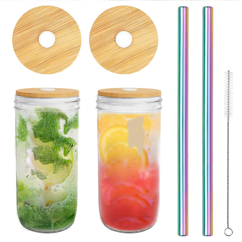 Glass Tumbler Reusable Boba Tea Cups With Lid and Straw, Travel Mug High Borosilicate Wide Mouth Glass Mason Jar with Bamboo Lid