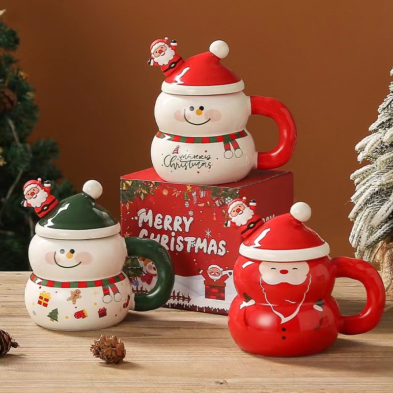 Creative Cute Christmas Coffee Cups Promotional Ceramic Santa Mug Porcelain Christmas Cup Luxury Gift Sets With Spoon and Lid
