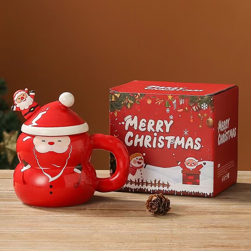 Creative Cute Christmas Coffee Cups Promotional Ceramic Santa Mug Porcelain Christmas Cup Luxury Gift Sets With Spoon and Lid
