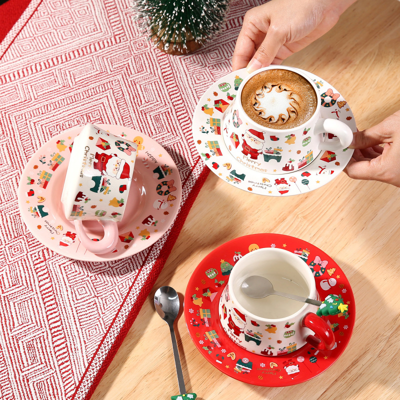 New Arrival 300ml Ins Style Merry Christmas Gifts Ceramic Drinking Coffee Mug with Spoon and Saucer
