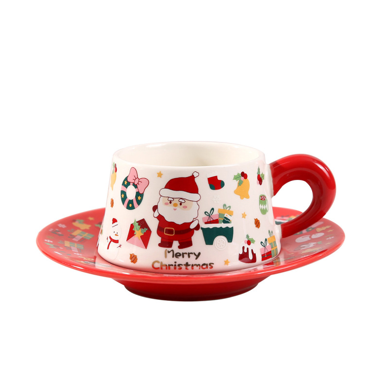 New Arrival 300ml Ins Style Merry Christmas Gifts Ceramic Drinking Coffee Mug with Spoon and Saucer