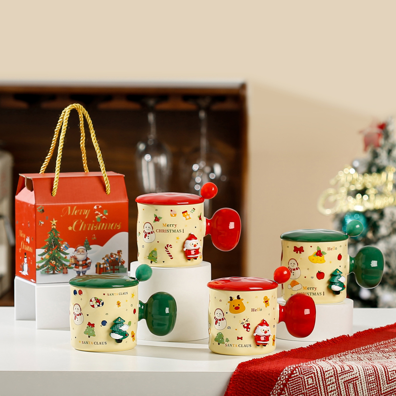 Factory Directly Ceramic Beautiful High Quality Christmas Mug Gift Fat Handle 380ml Cartoon Christmas Coffee Cups