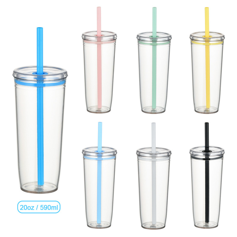 Wholesale Custom Logo Multi Color 590ml Single Wall Plastic Tumbler with Straw and Lid