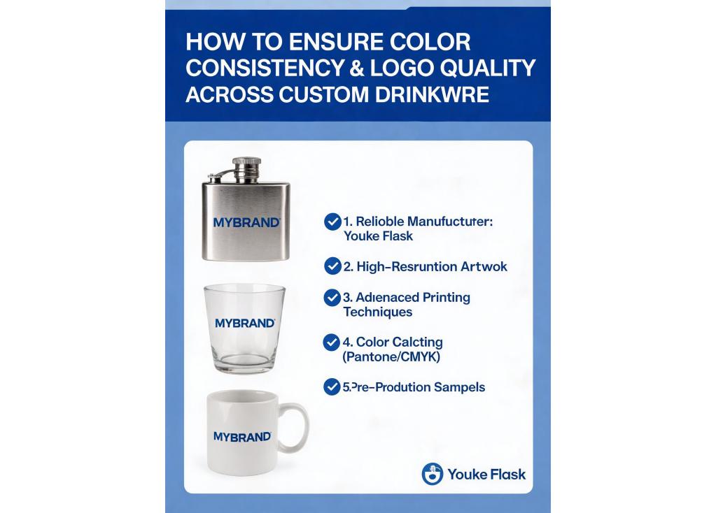 How do I ensure the color consistency and logo quality across a large batch of custom drinkware?