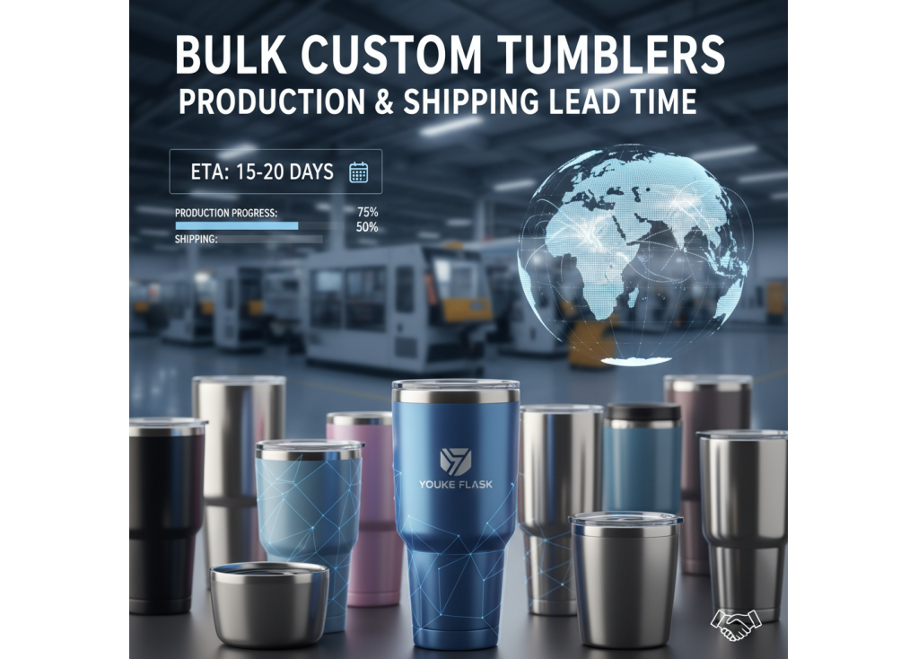 What is the standard lead time for producing and shipping a bulk order of custom tumblers?