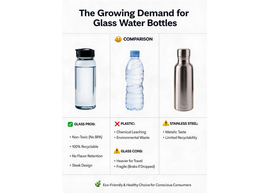 Is there a growing demand for glass water bottles compared to stainless steel or plastic, and what are the pros and cons?