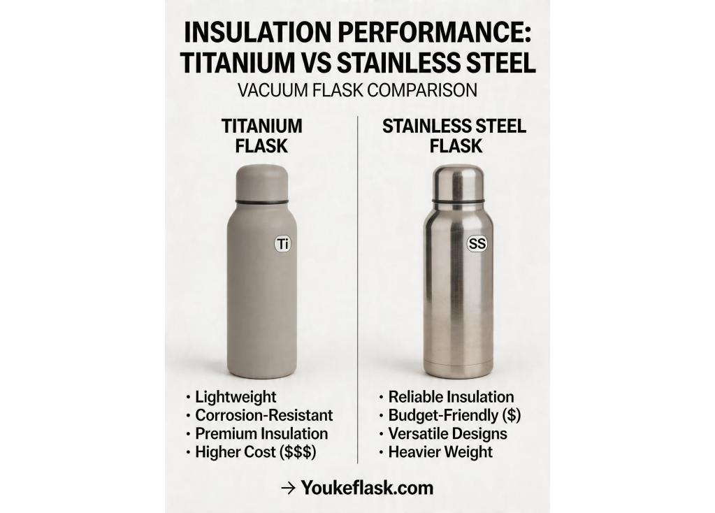 How does the insulation performance of a titanium vacuum flask compare to a high-grade stainless steel one?