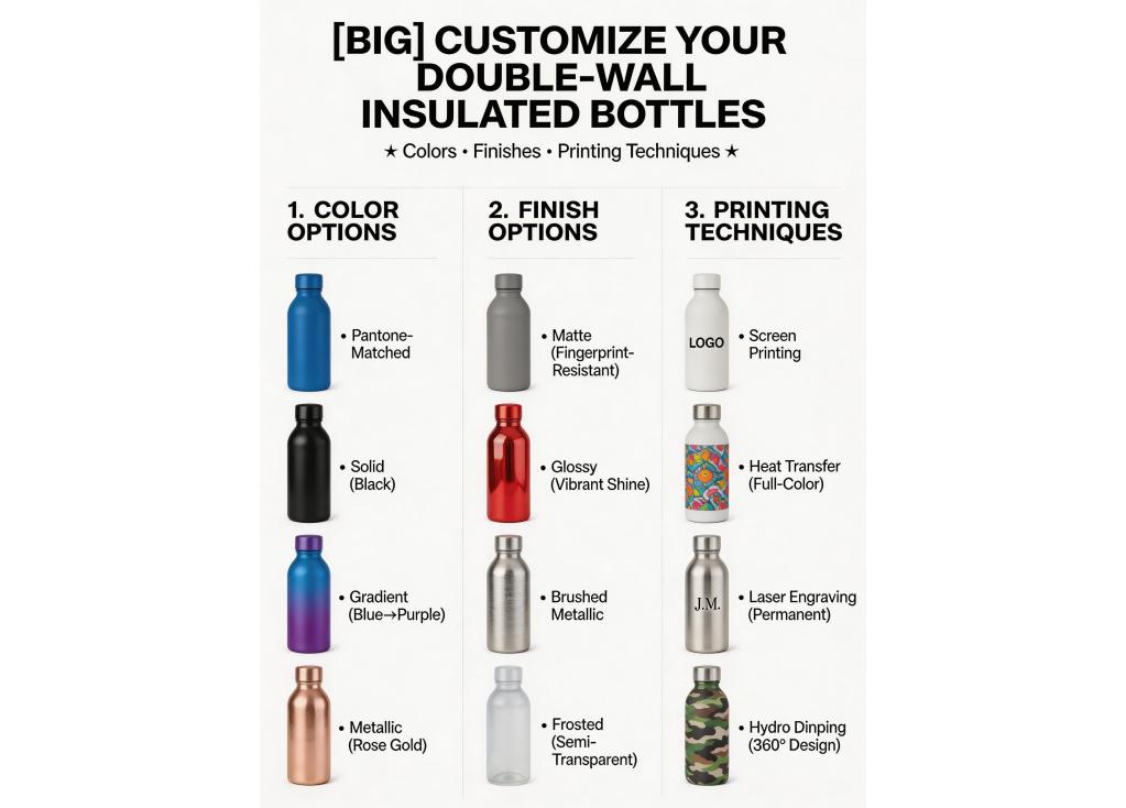 What customization options are available for double-wall insulated bottles (e.g., colors, finishes, printing techniques)?