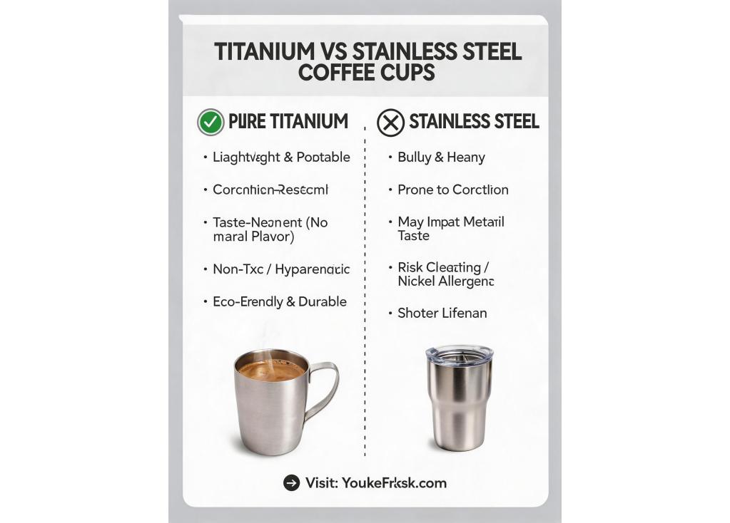 What are the advantages of using pure titanium for a coffee cup compared to stainless steel?