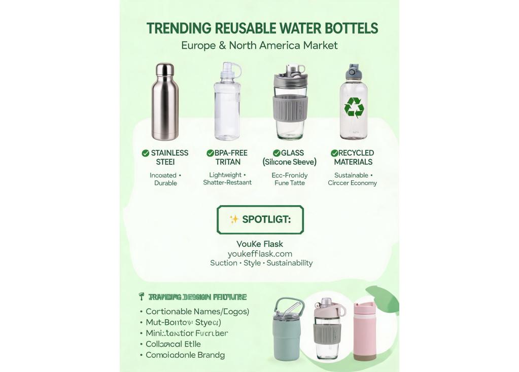 What are the current trending materials and designs in the reusable water bottle market in Europe and North America?