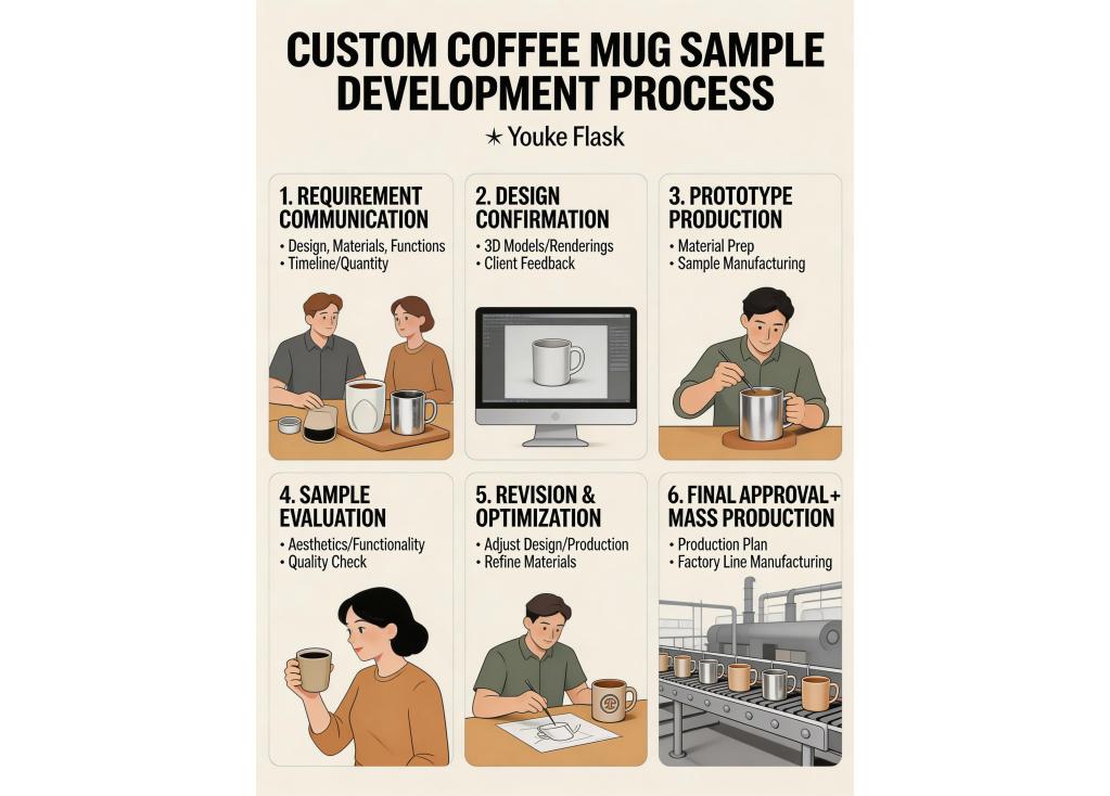 What is the process for developing a custom sample of a coffee mug before mass production?