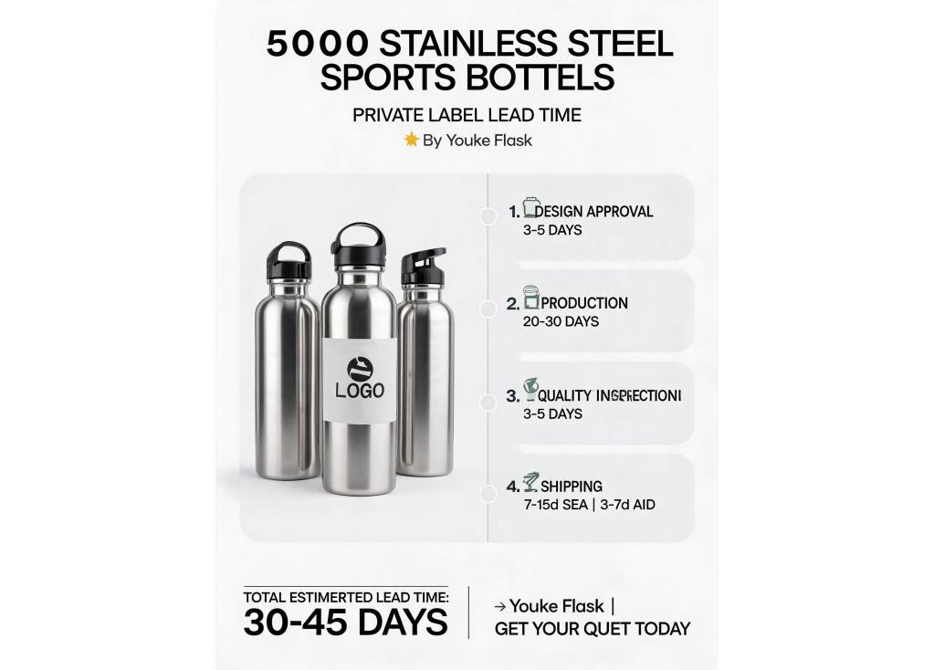What is the lead time for a private label order of 5000 units of stainless steel sports bottles?