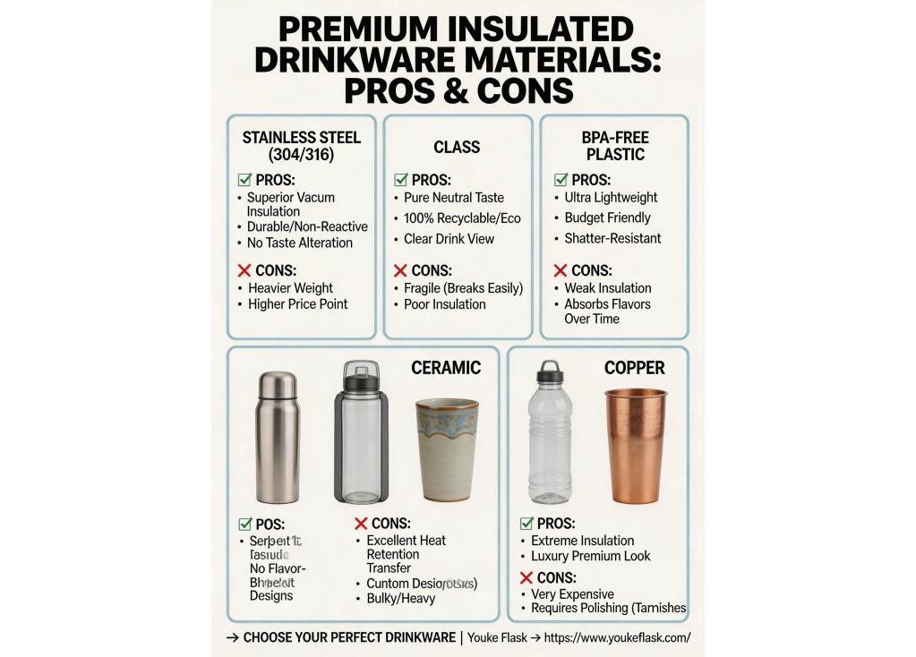 What materials are commonly used for premium insulated drinkware, and what are their pros and cons?