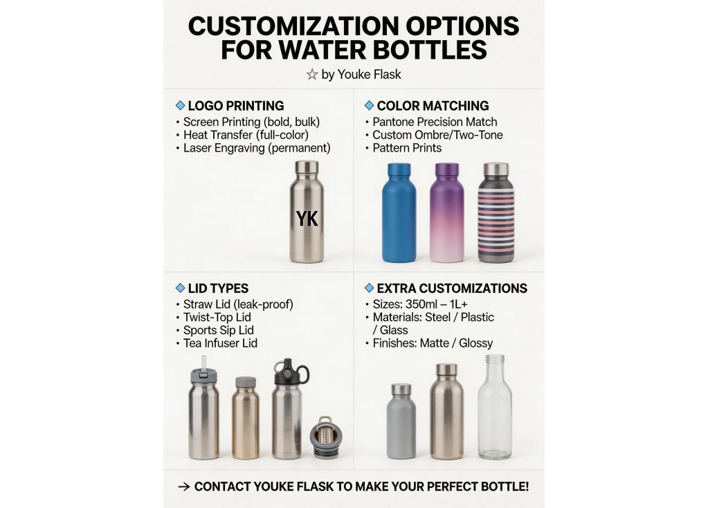 What customization options are available for water bottles, such as logo printing, color matching, and lid types?