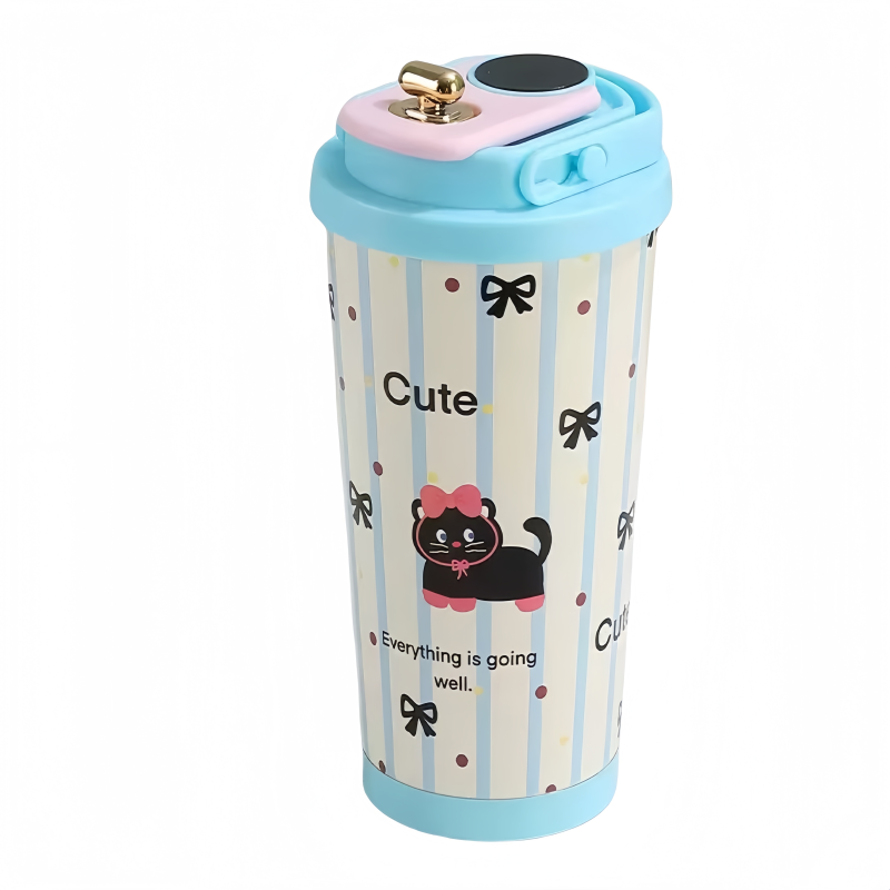 Stainless Steel Double Drinking Cup with Temperature Display Large 530ml Capacity Cartoon Design Vacuum Water/Coffee Gift Cup